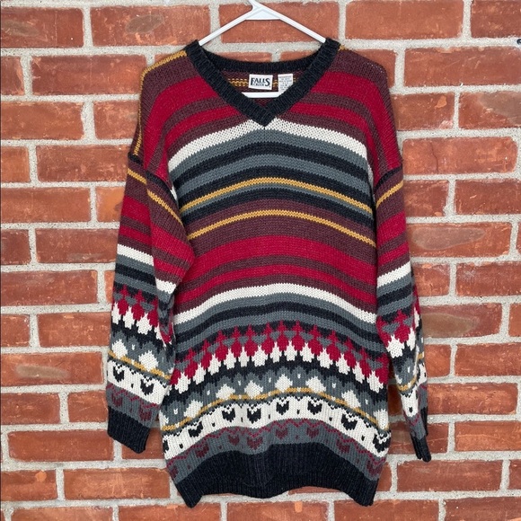 Vintage 90s chunky knit oversized patterned print V-neck sweater - Picture 2 of 6